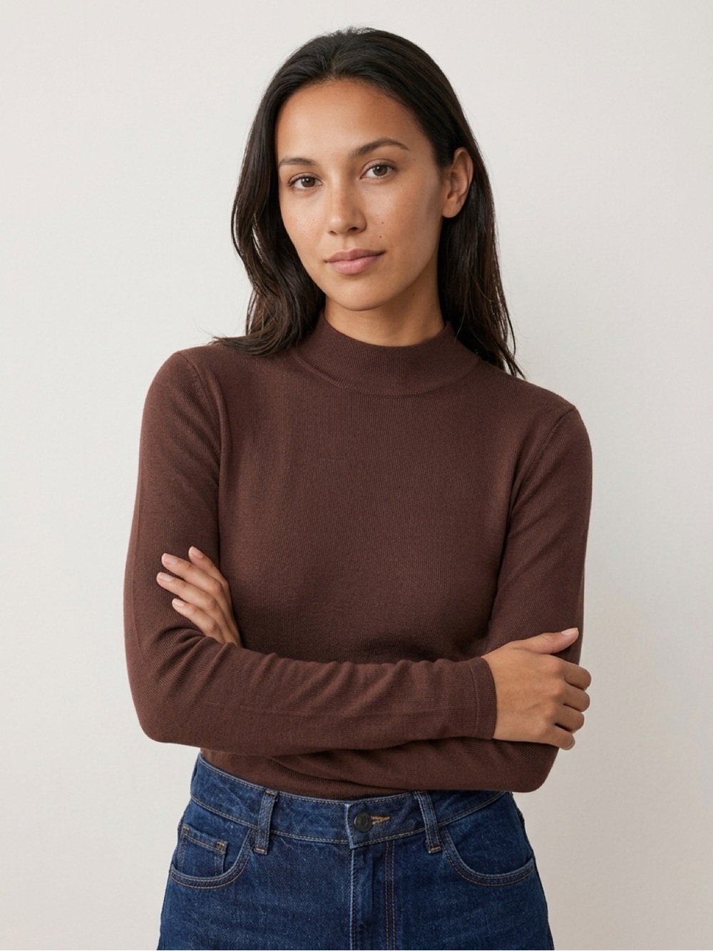 All Row Brown Long Sleeve Mock Neck Top - Size Large